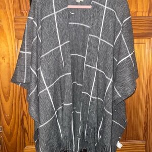 LOFT Charcoal Checkered Poncho with Fringe
